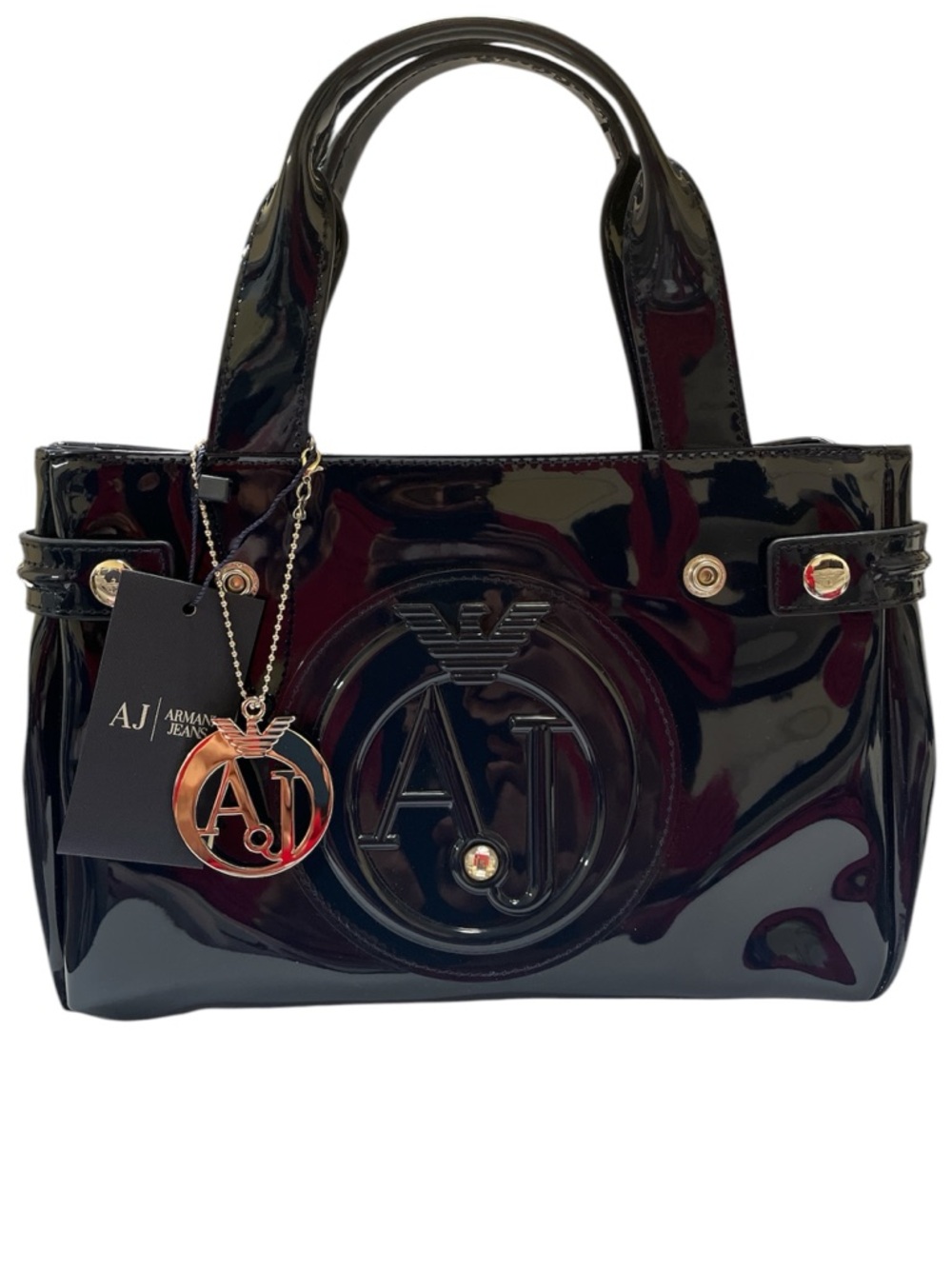 Armani Jeans Patent Black Satchel with Gold Charm
